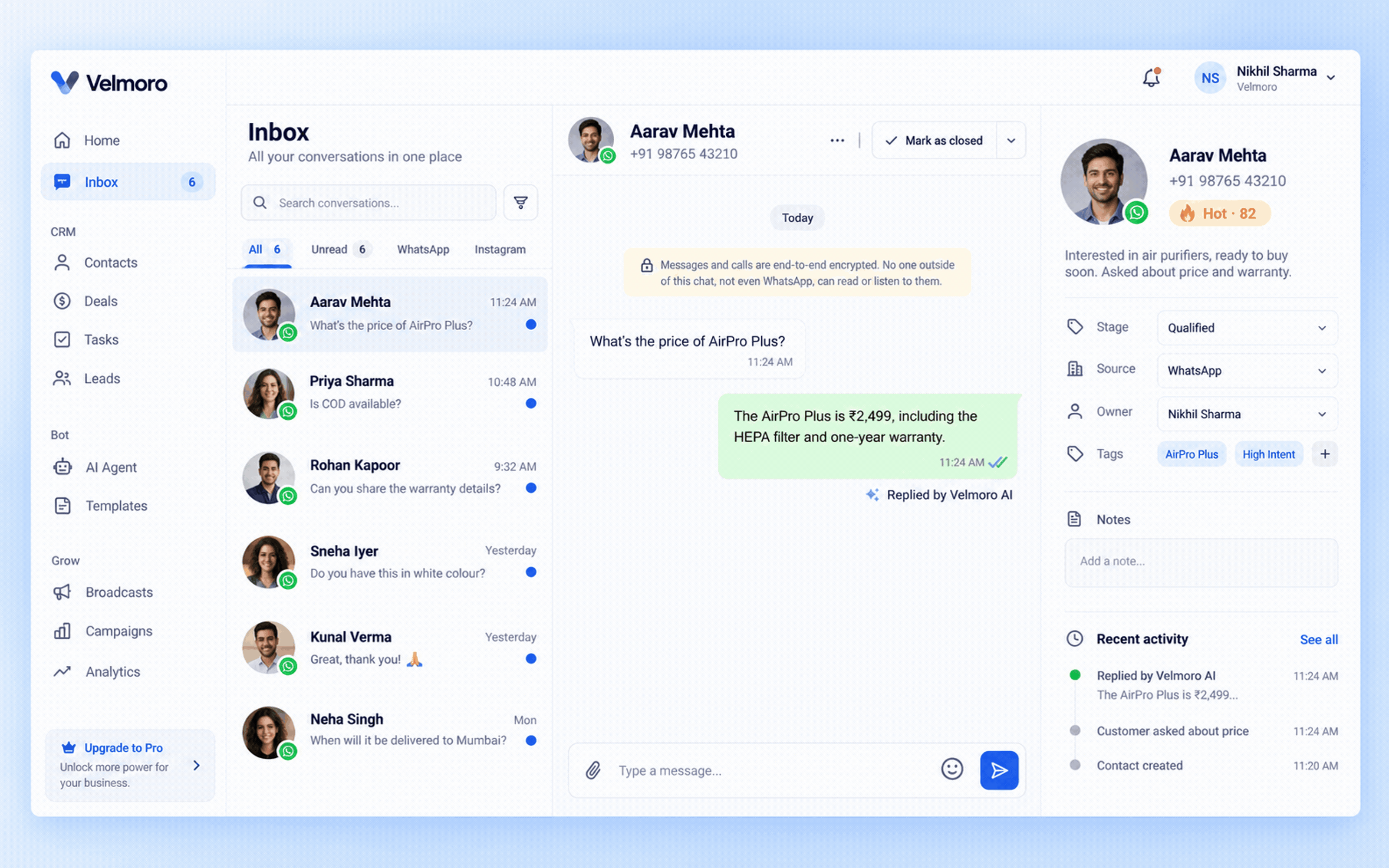 Velmoro Inbox showing the bot answering product questions