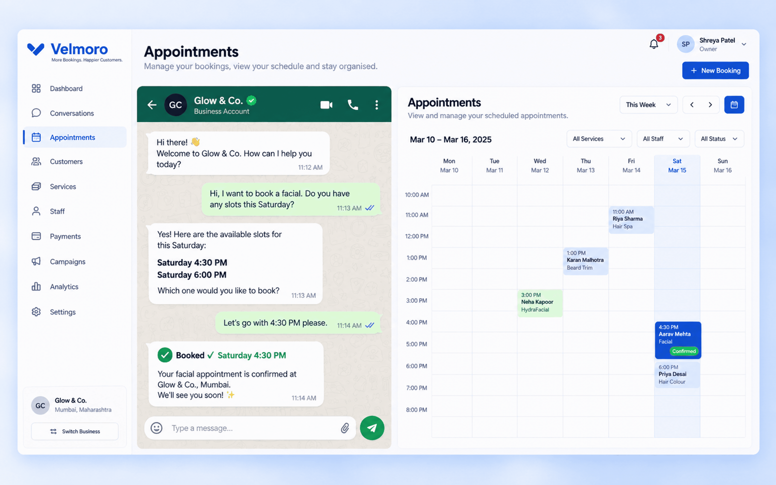 Appointment booking inside a WhatsApp chat with calendar