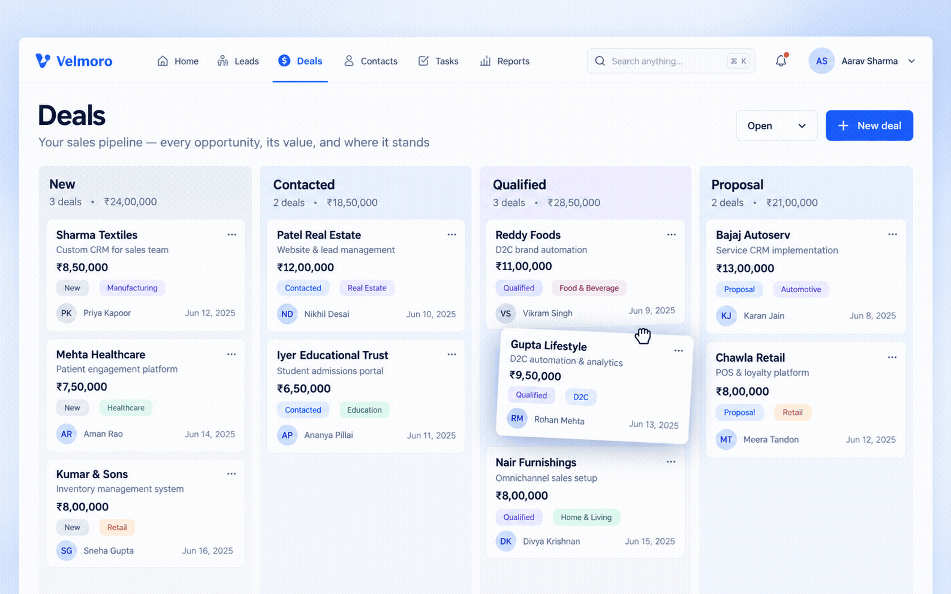 CRM deals board with pipeline stages