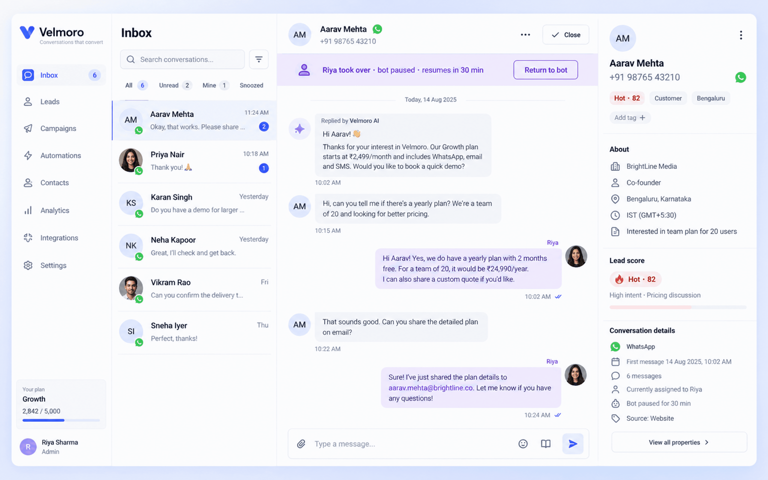 Inbox with human takeover and the bot paused