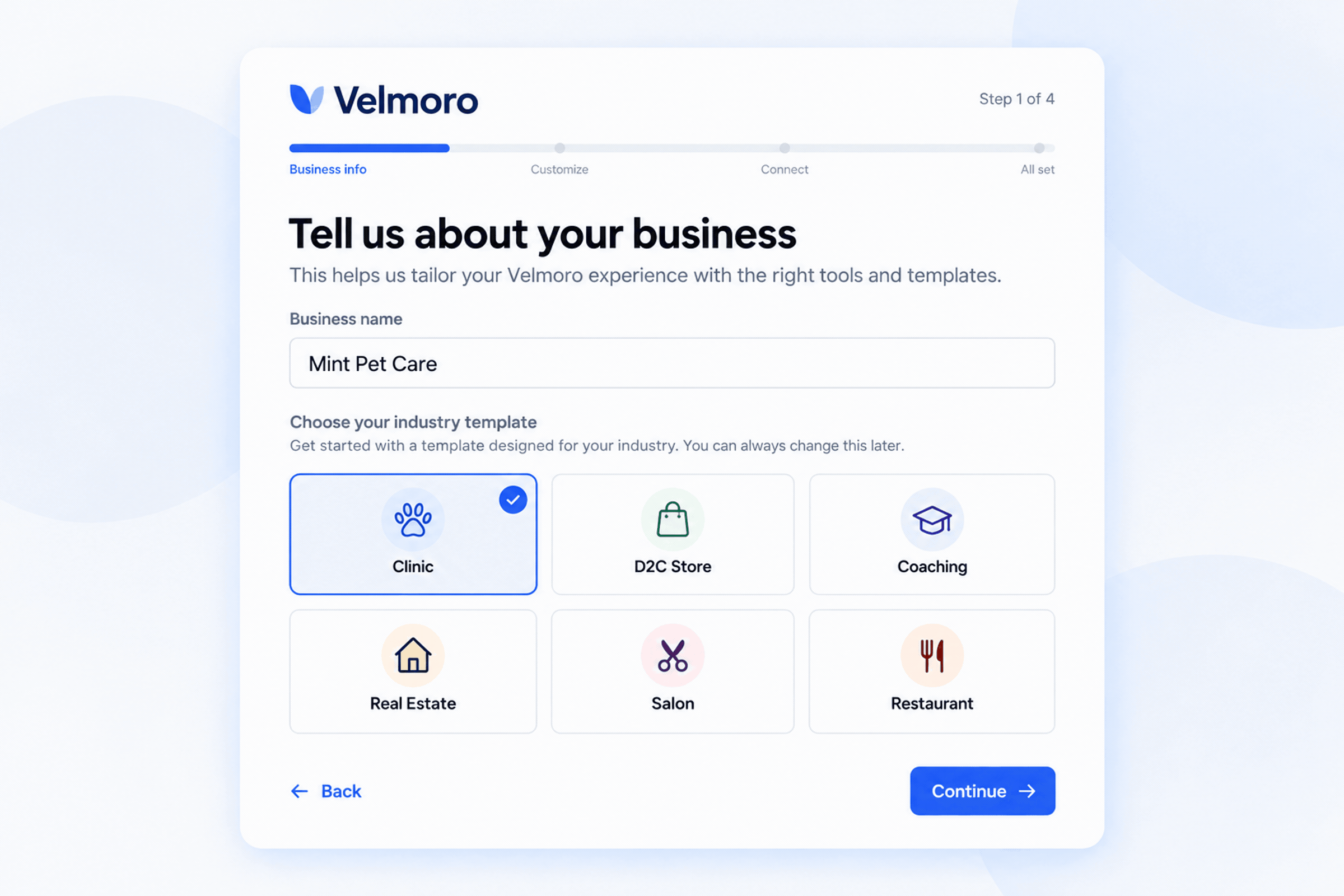 Onboarding screen: business details and industry template